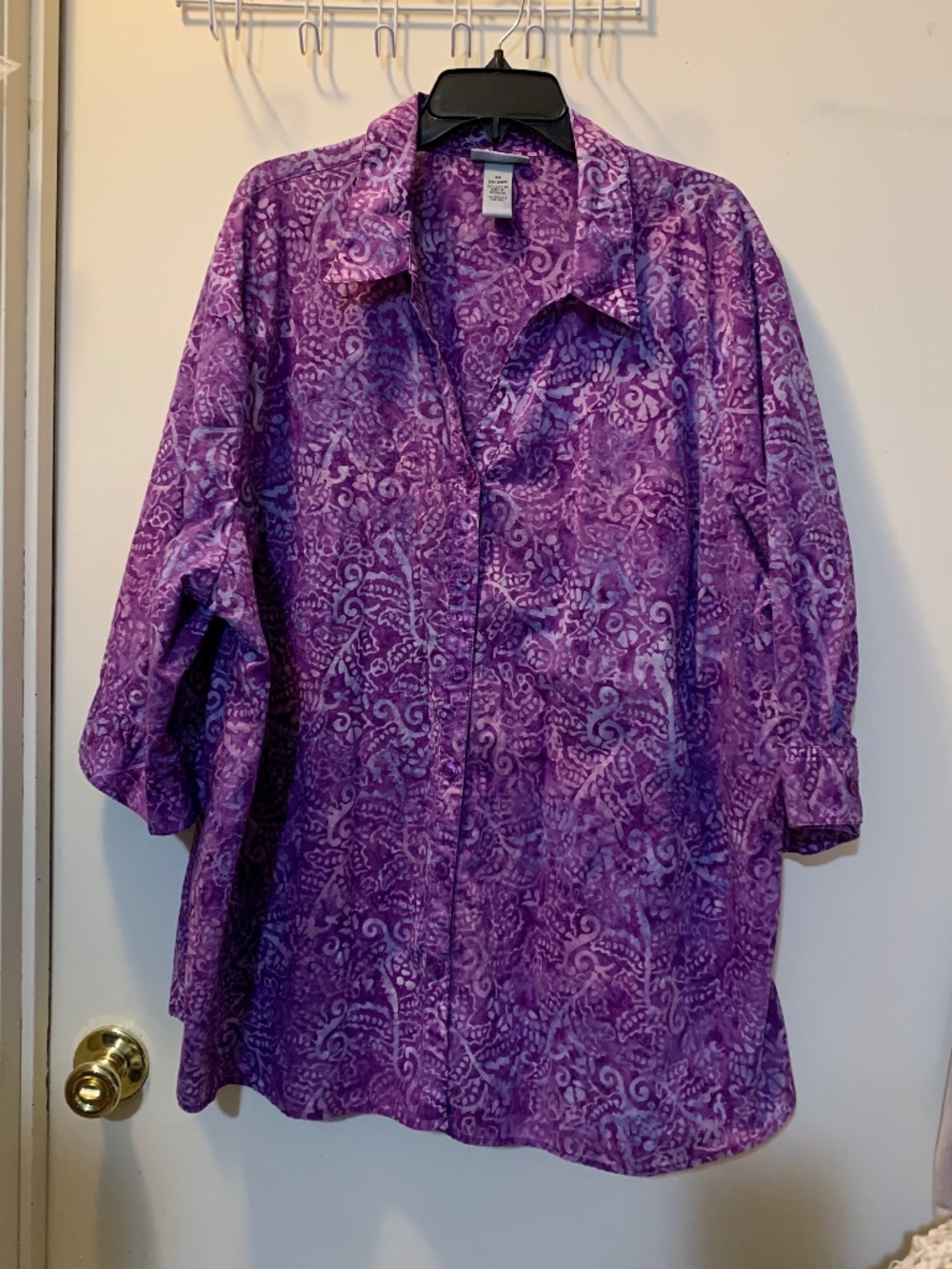 Catherines Batik Purple 100% Cotton Short Sleeve Button Front Shirt 3X